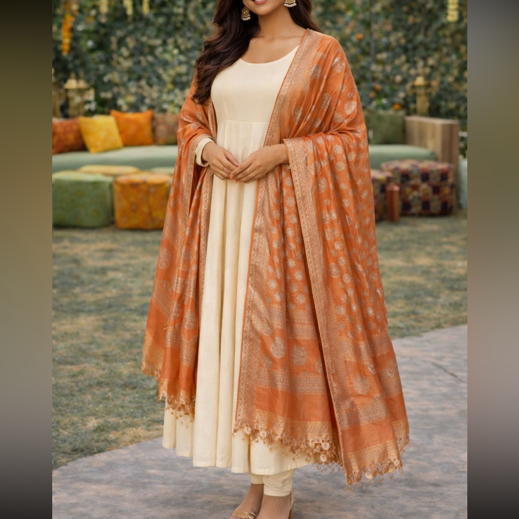 Brand New Designers Original Silk Blend Brocade Elegant Orange And Gold Dupatta